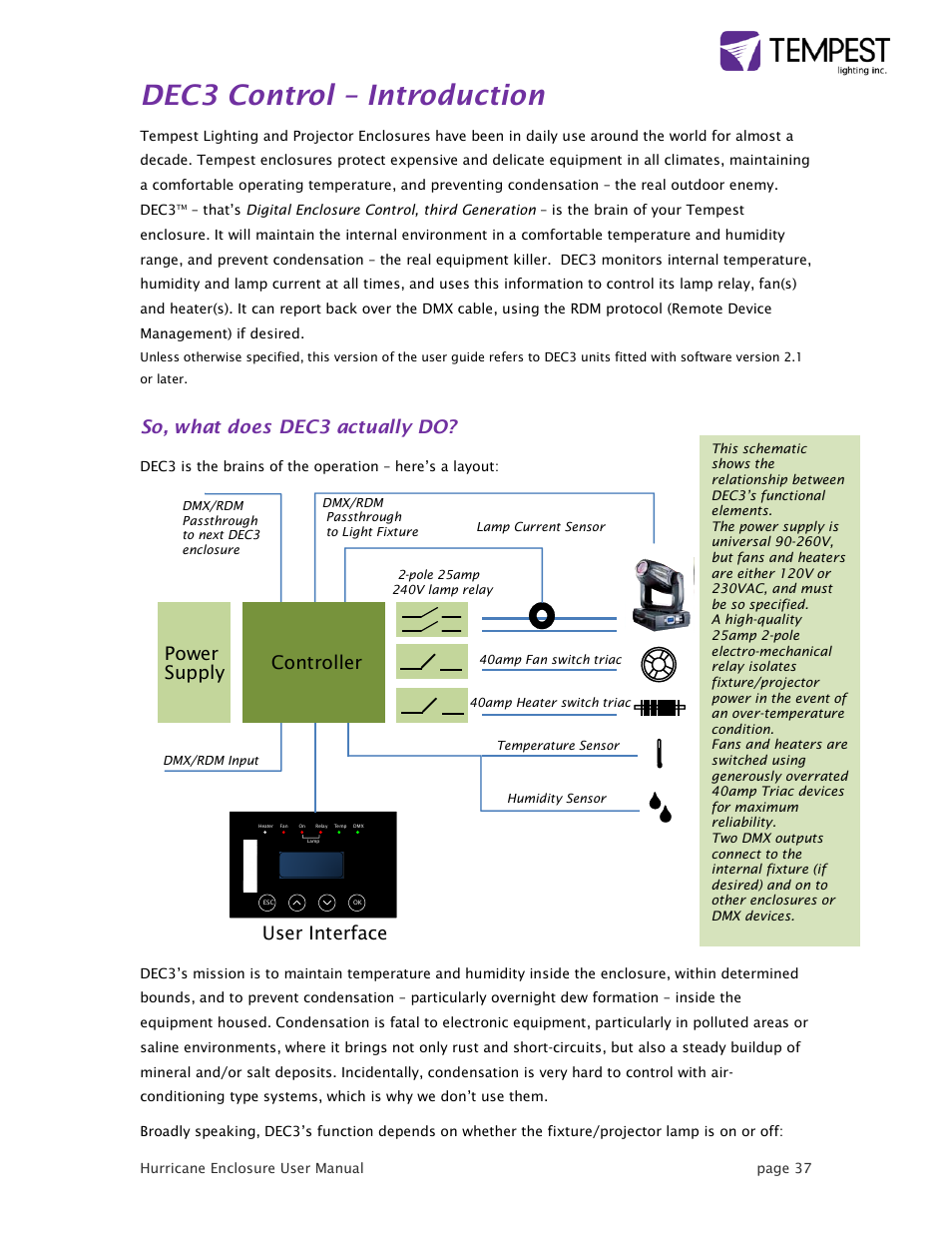 Dec3 control – introduction, So, what does dec3 actually do, Power supply controller user interface | Tempest Hurricane User Manual | Page 37 / 47