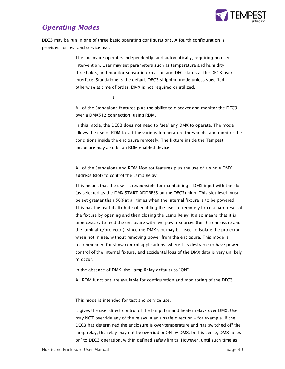 Operating modes | Tempest Hurricane User Manual | Page 39 / 47