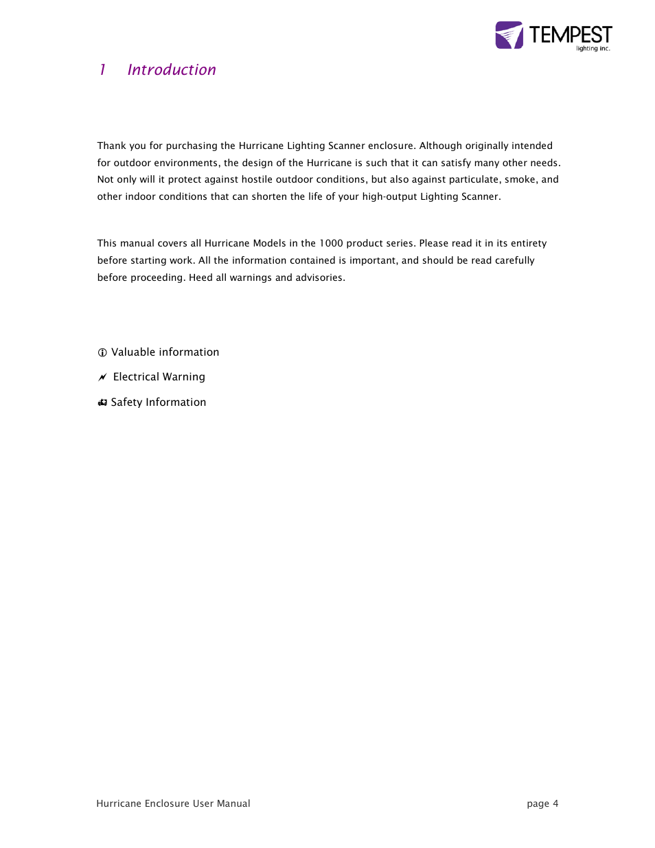 Icon key, 1 introduction | Tempest Hurricane User Manual | Page 4 / 47
