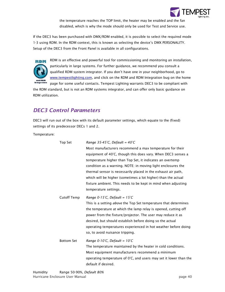 Dec3 control parameters | Tempest Hurricane User Manual | Page 40 / 47