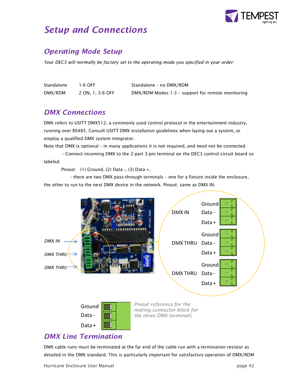 Setup and connections, Operating mode setup, Dmx connections | Dmx line termination | Tempest Hurricane User Manual | Page 42 / 47