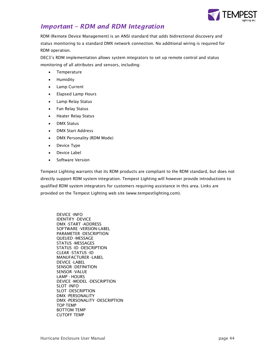 Important – rdm and rdm integration | Tempest Hurricane User Manual | Page 44 / 47