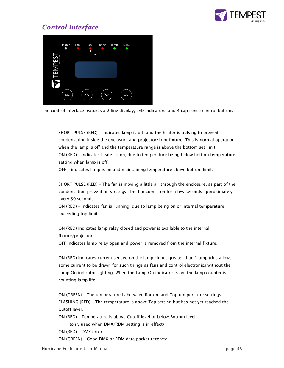 Control interface | Tempest Hurricane User Manual | Page 45 / 47