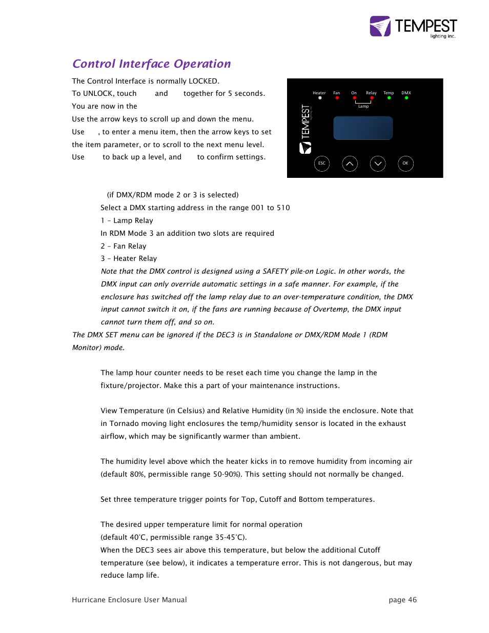 Control interface operation | Tempest Hurricane User Manual | Page 46 / 47