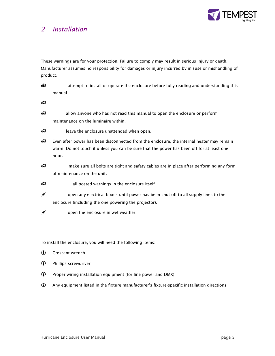 2 installation | Tempest Hurricane User Manual | Page 5 / 47