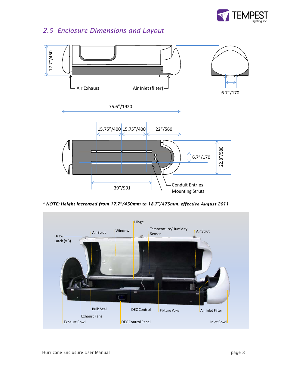 5 enclosure dimensions and layout | Tempest Hurricane User Manual | Page 8 / 47