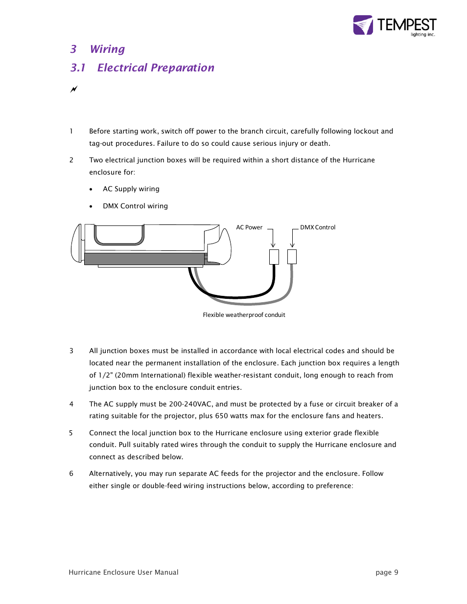 3 wiring 3.1 electrical preparation | Tempest Hurricane User Manual | Page 9 / 47