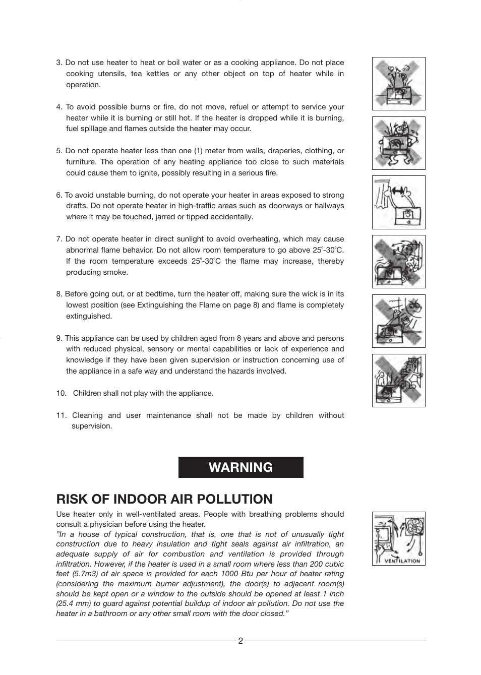 Warning risk of indoor air pollutlon | Toyotomi RCA-2800 User Manual | Page 3 / 16