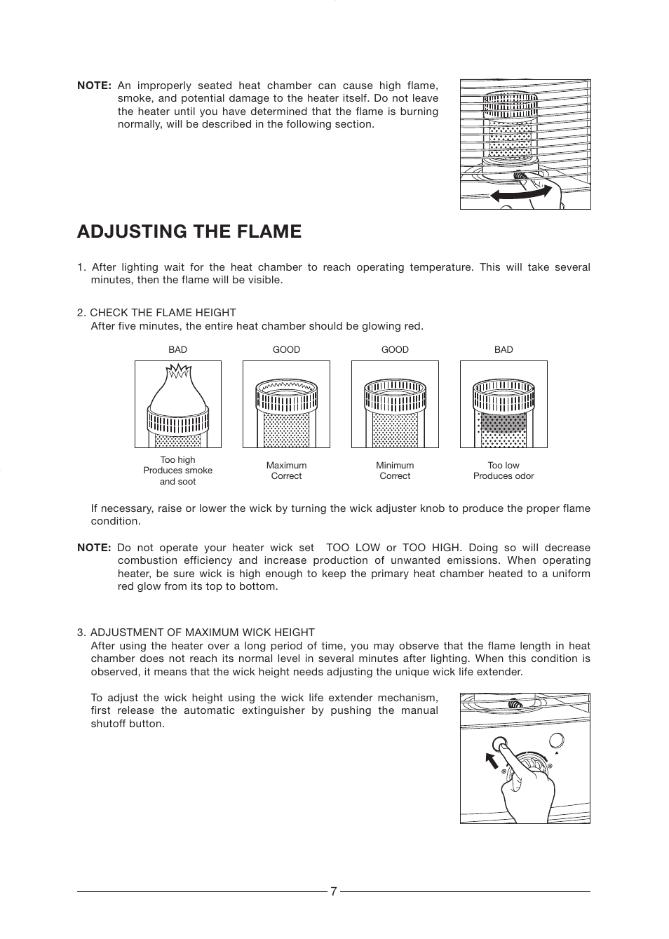 Extinguish, Manual sh, Adjusting the flame | Toyotomi RCA-2800 User Manual | Page 8 / 16
