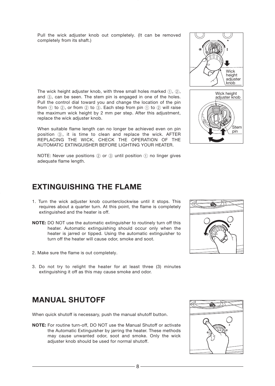 Extinguishing the flame, Manual shutoff | Toyotomi RCA-2800 User Manual | Page 9 / 16