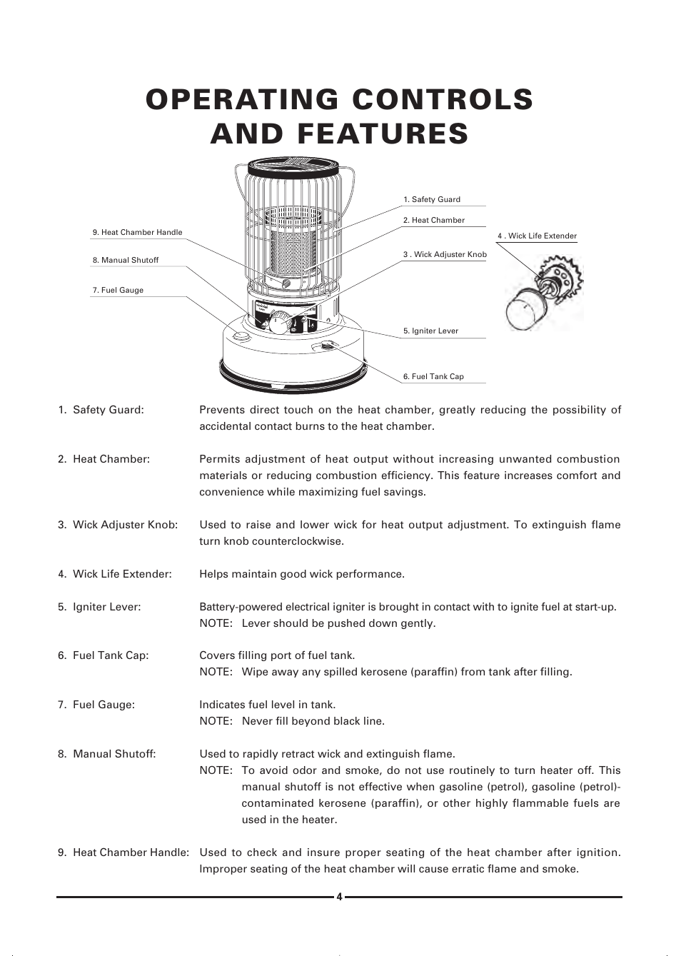 Operating controls and features | Toyotomi KS-47B User Manual | Page 6 / 20