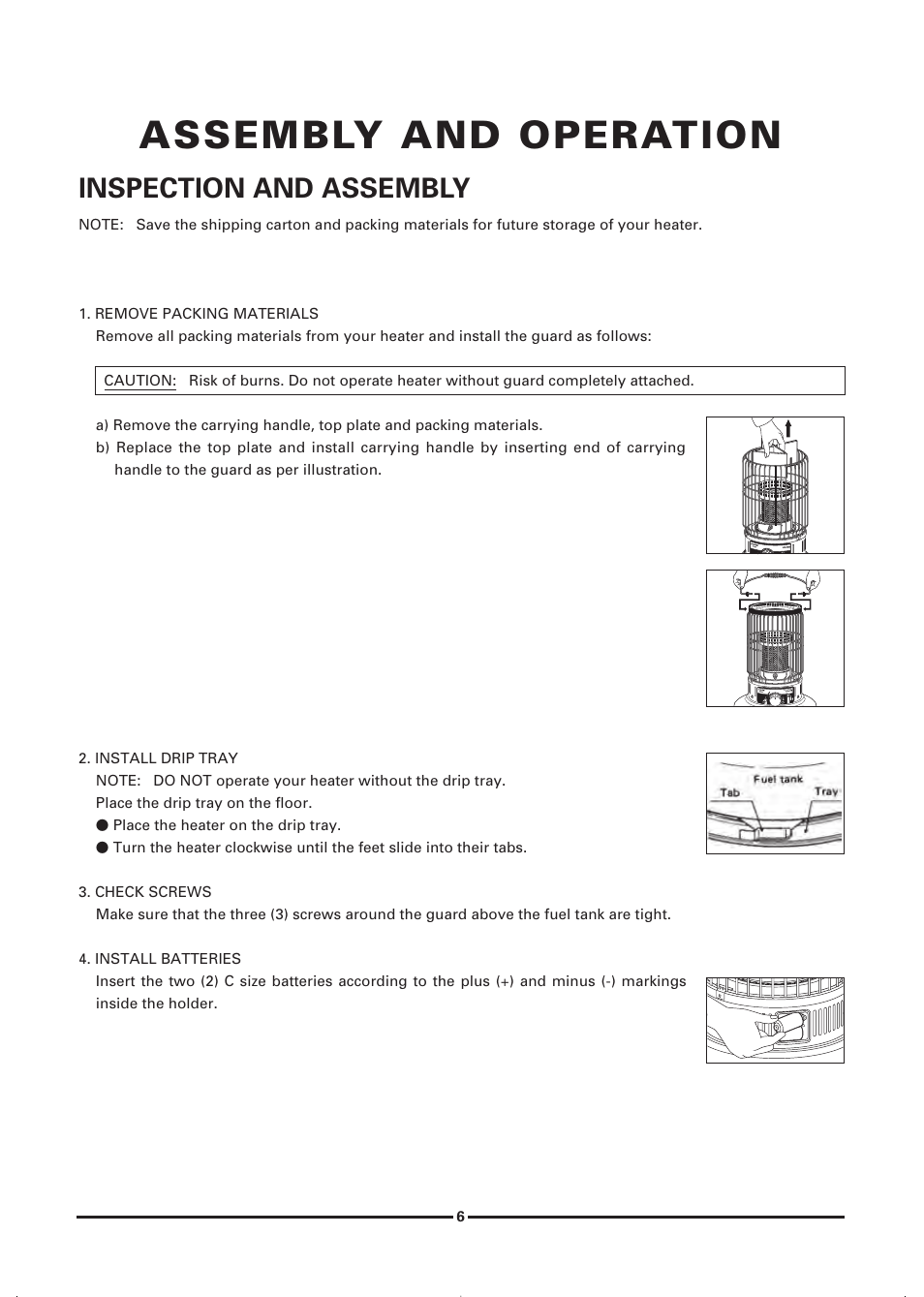 Assembly and operatlon, Lnspectlon and assembly | Toyotomi KS-47B User Manual | Page 8 / 20