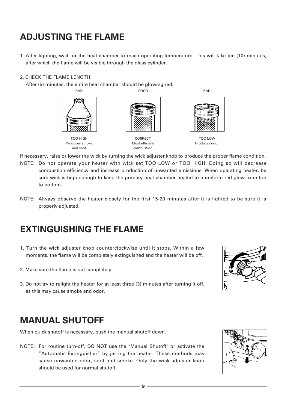 Adjusting the flame, Extinguishing the flame, Manual shutoff | Toyotomi KS-27A User Manual | Page 10 / 16