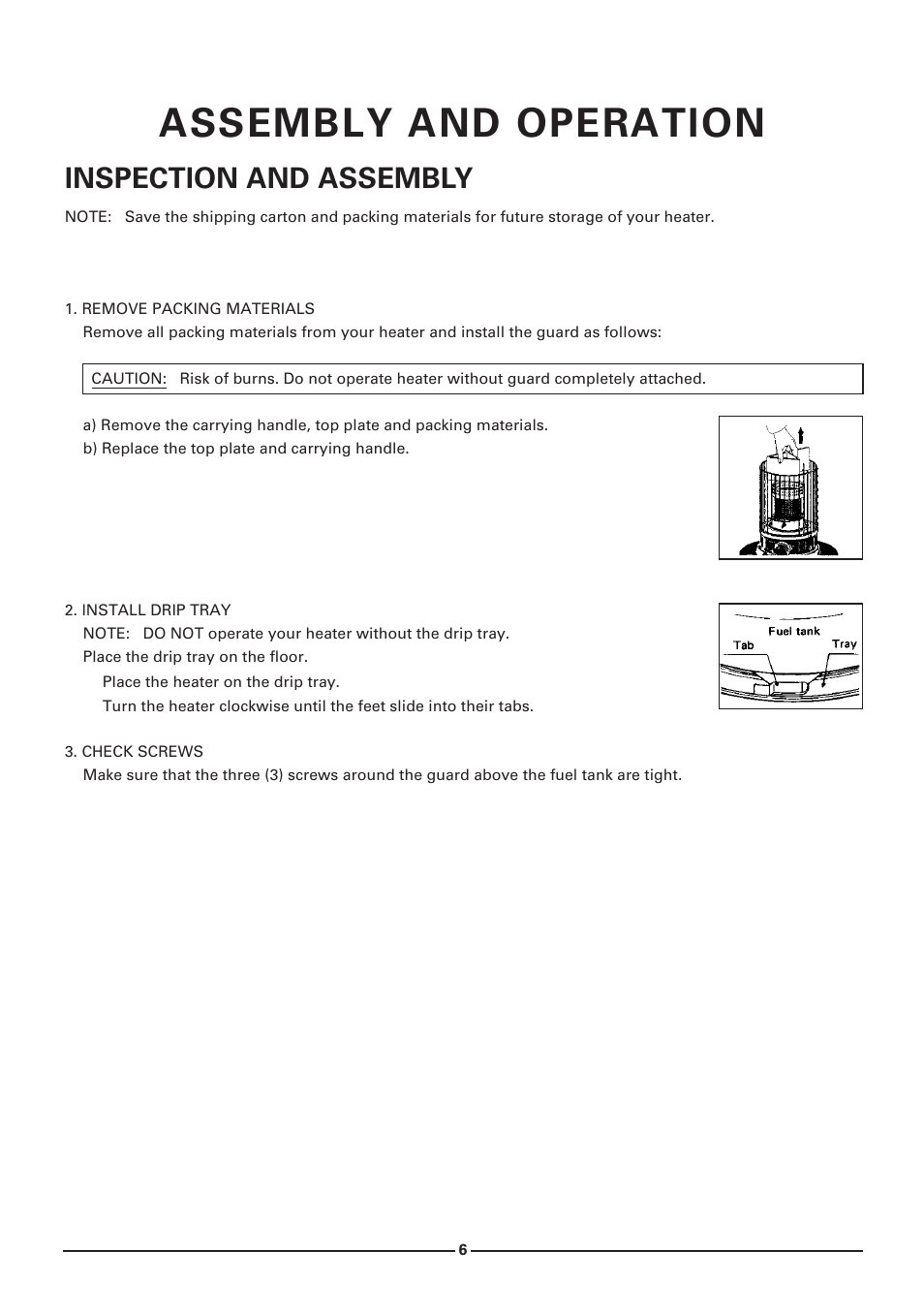 Assembly and operatlon, Lnspectlon and assembly | Toyotomi KS-27A User Manual | Page 7 / 16