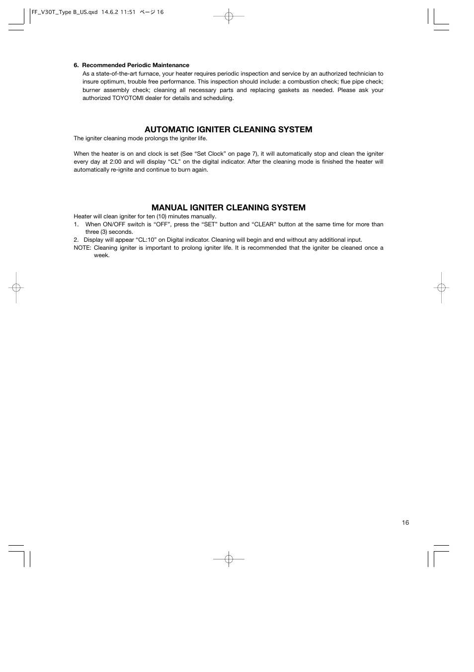 Automatic igniter cleaning system, Manual igniter cleaning system | Toyotomi FF-V30T User Manual | Page 17 / 28