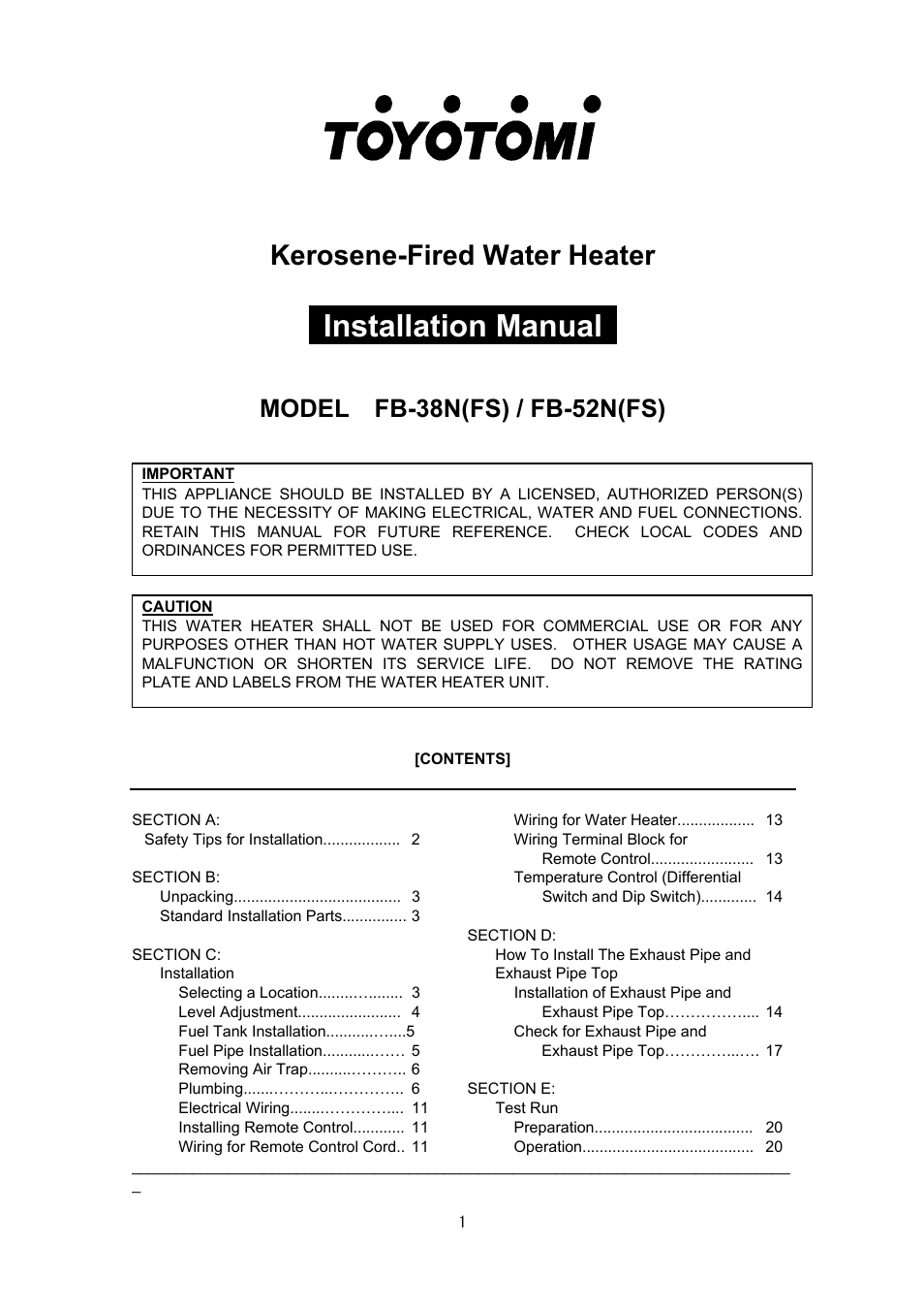 Installation manual, Kerosene-fired water heater, Model fb-38n(fs) / fb-52n(fs) | Toyotomi FB-38N(FS) User Manual | Page 20 / 41