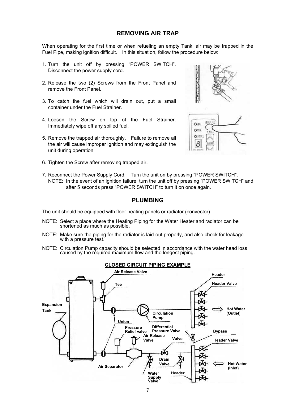 Removing air trap, Plumbing | Toyotomi FB-38N(FS) User Manual | Page 26 / 41