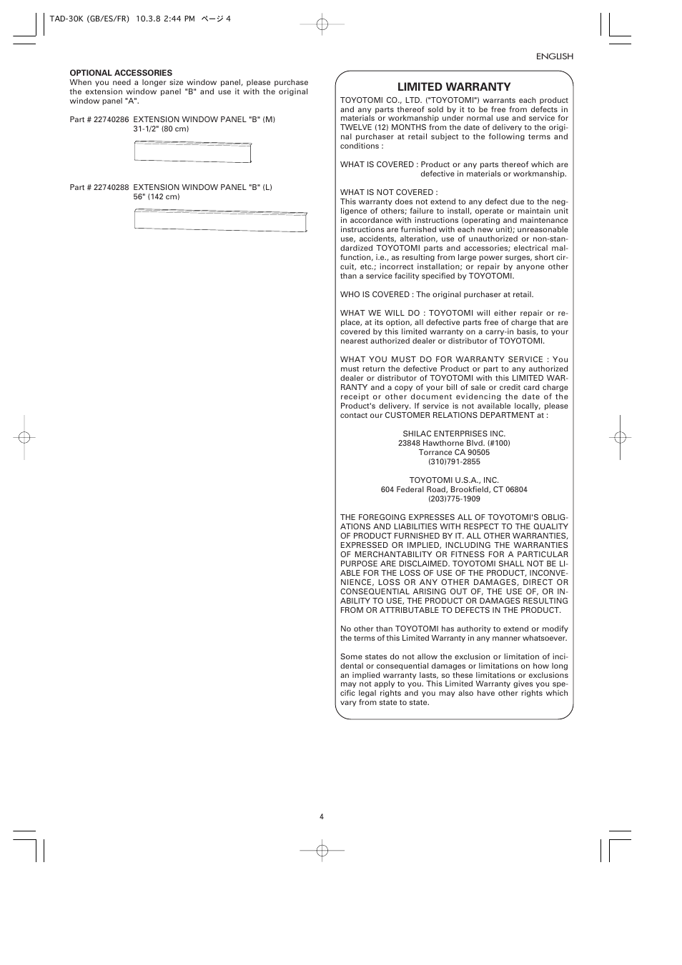Limited warranty | Toyotomi TAD-30K User Manual | Page 7 / 16