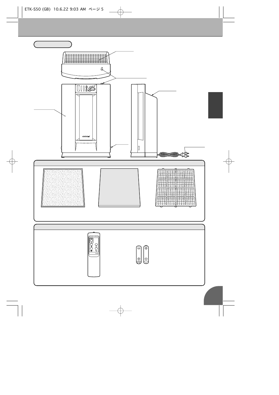 Name of component parts, Main unit, English | Toyotomi ETK-S50 User Manual | Page 7 / 23