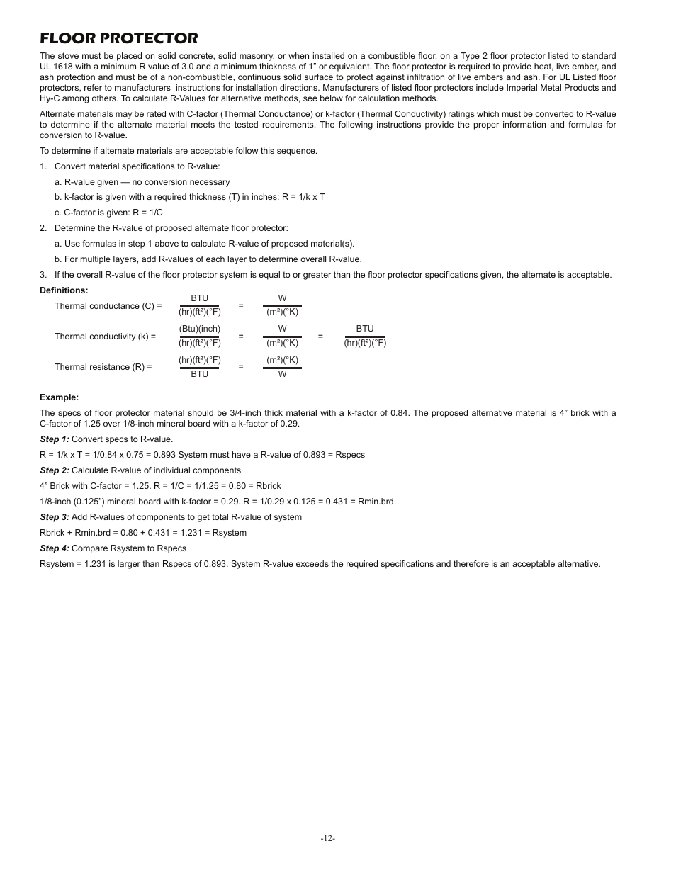 Floor protector | United States Stove Company 1261 User Manual | Page 12 / 13