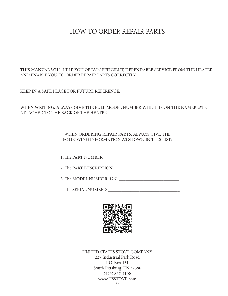 How to order repair parts | United States Stove Company 1261 User Manual | Page 13 / 13