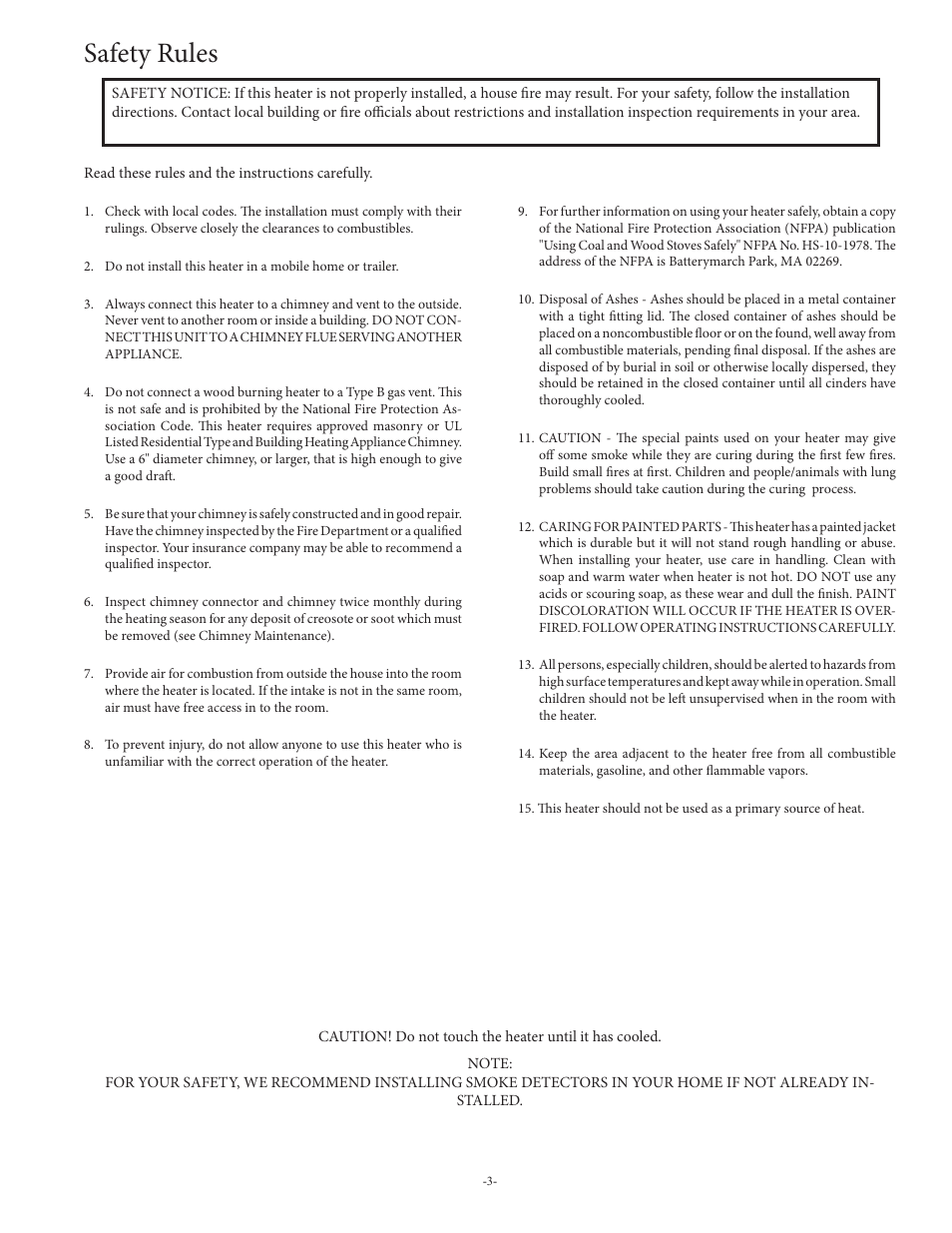 Safety rules | United States Stove Company 1261 User Manual | Page 3 / 13