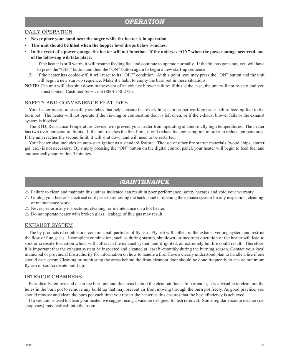 Operation maintenance | United States Stove Company 4840 User Manual | Page 11 / 20