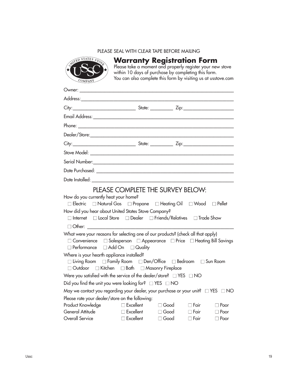 Warranty registration form, Please complete the survey below | United States Stove Company 4840 User Manual | Page 19 / 20
