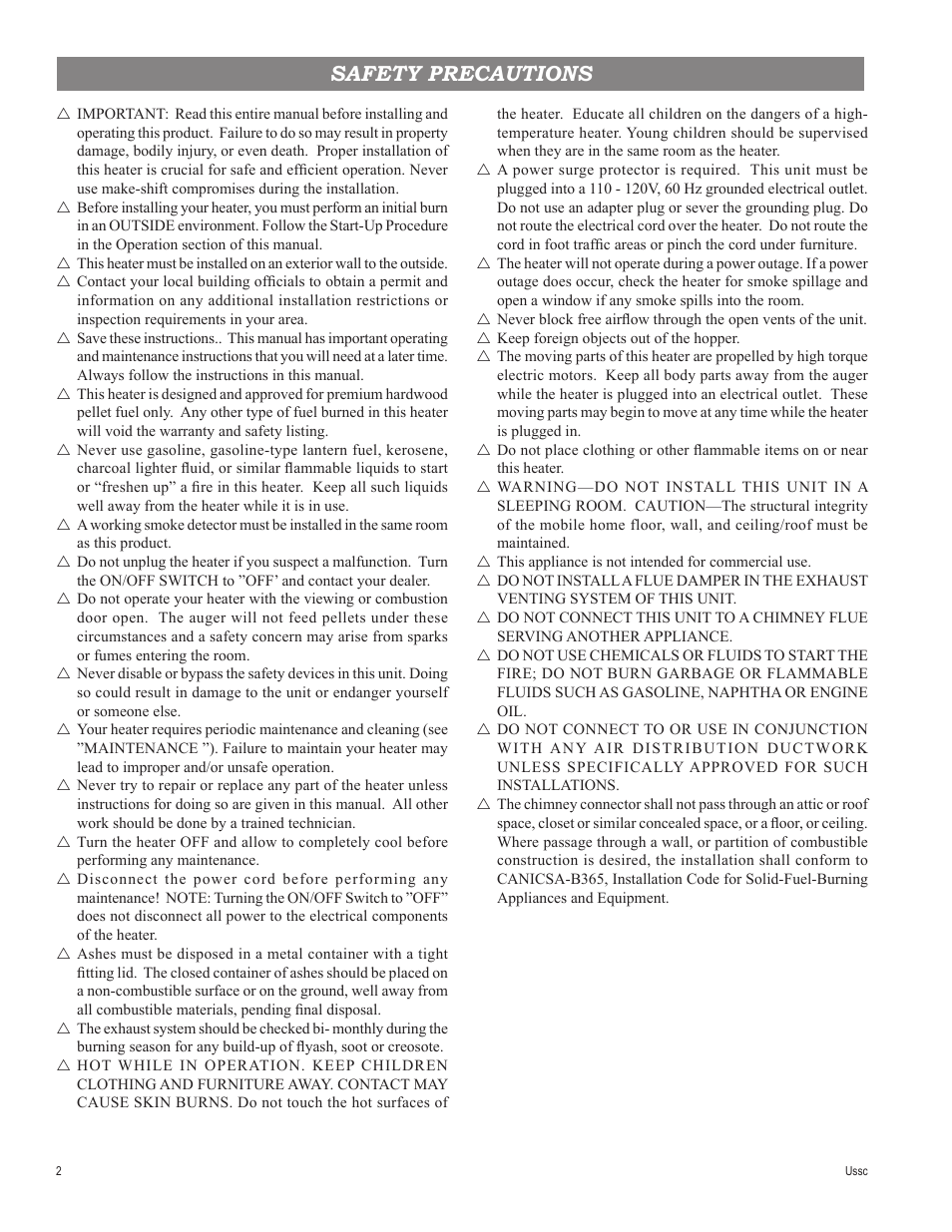 Safety precautions | United States Stove Company 4840 User Manual | Page 2 / 20