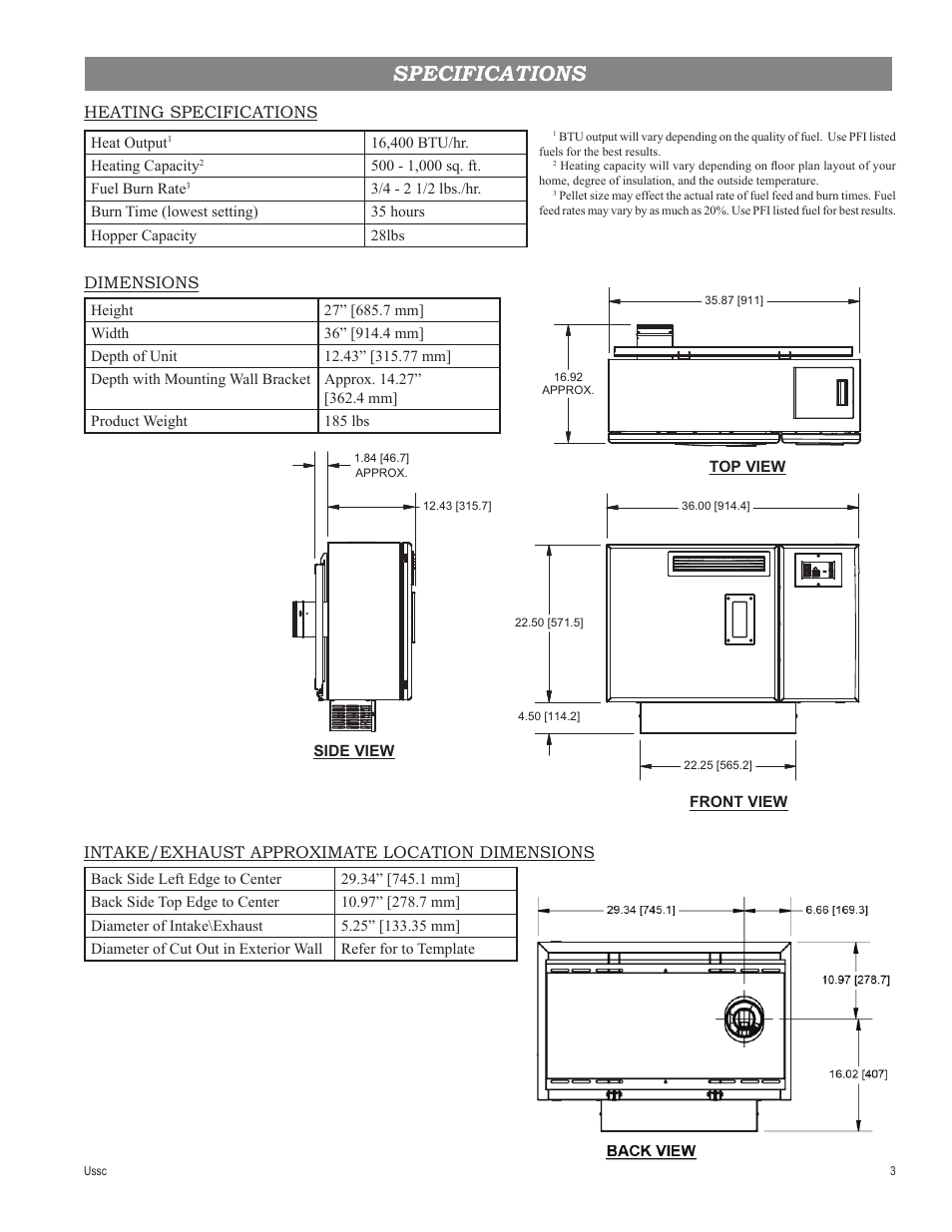 Specifications, Heating specifications dimensions, Intake/exhaust approximate location dimensions | United States Stove Company 4840 User Manual | Page 3 / 20
