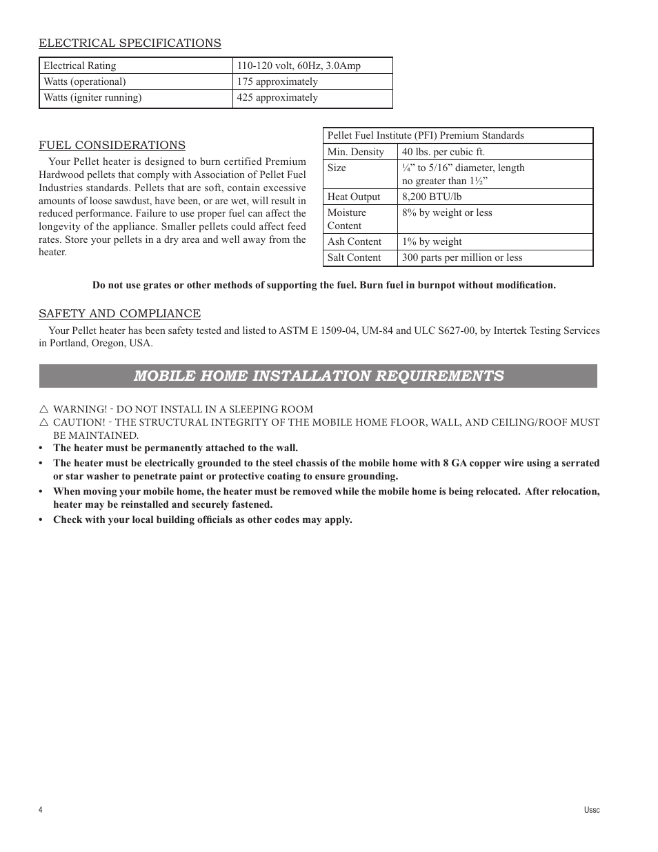 Mobile home installation requirements | United States Stove Company 4840 User Manual | Page 4 / 20