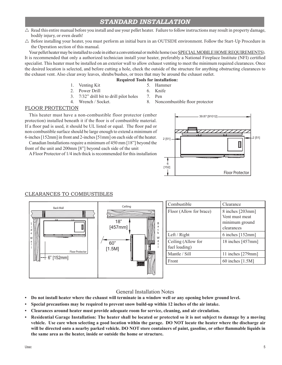 Standard installation, Floor protection, Clearances to combustibles | United States Stove Company 4840 User Manual | Page 5 / 20