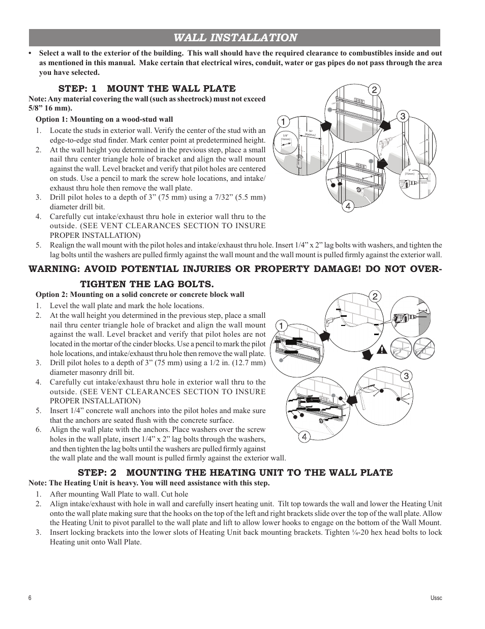 Wall installation, Step: 1 mount the wall plate | United States Stove Company 4840 User Manual | Page 6 / 20