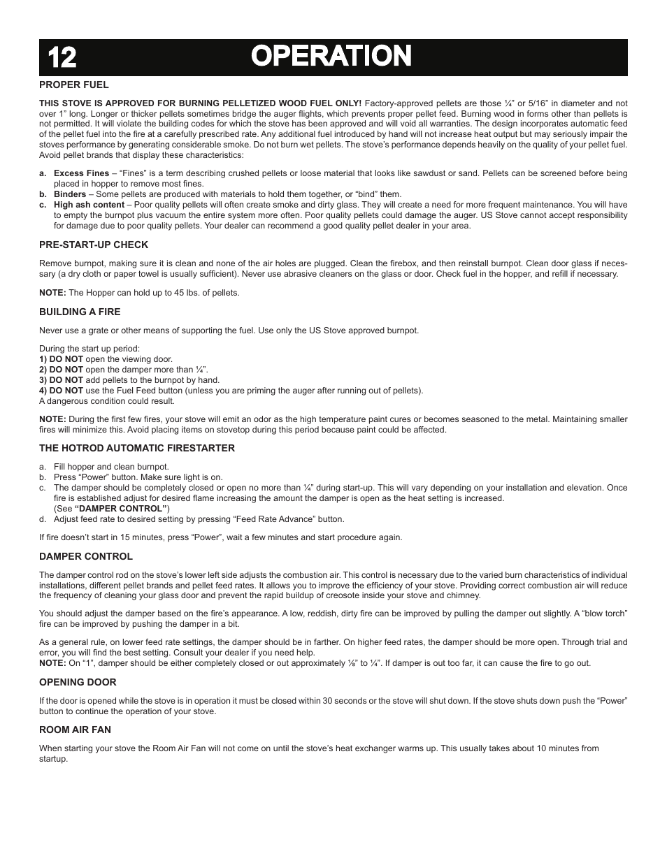 12 operation | United States Stove Company 5040 User Manual | Page 14 / 28
