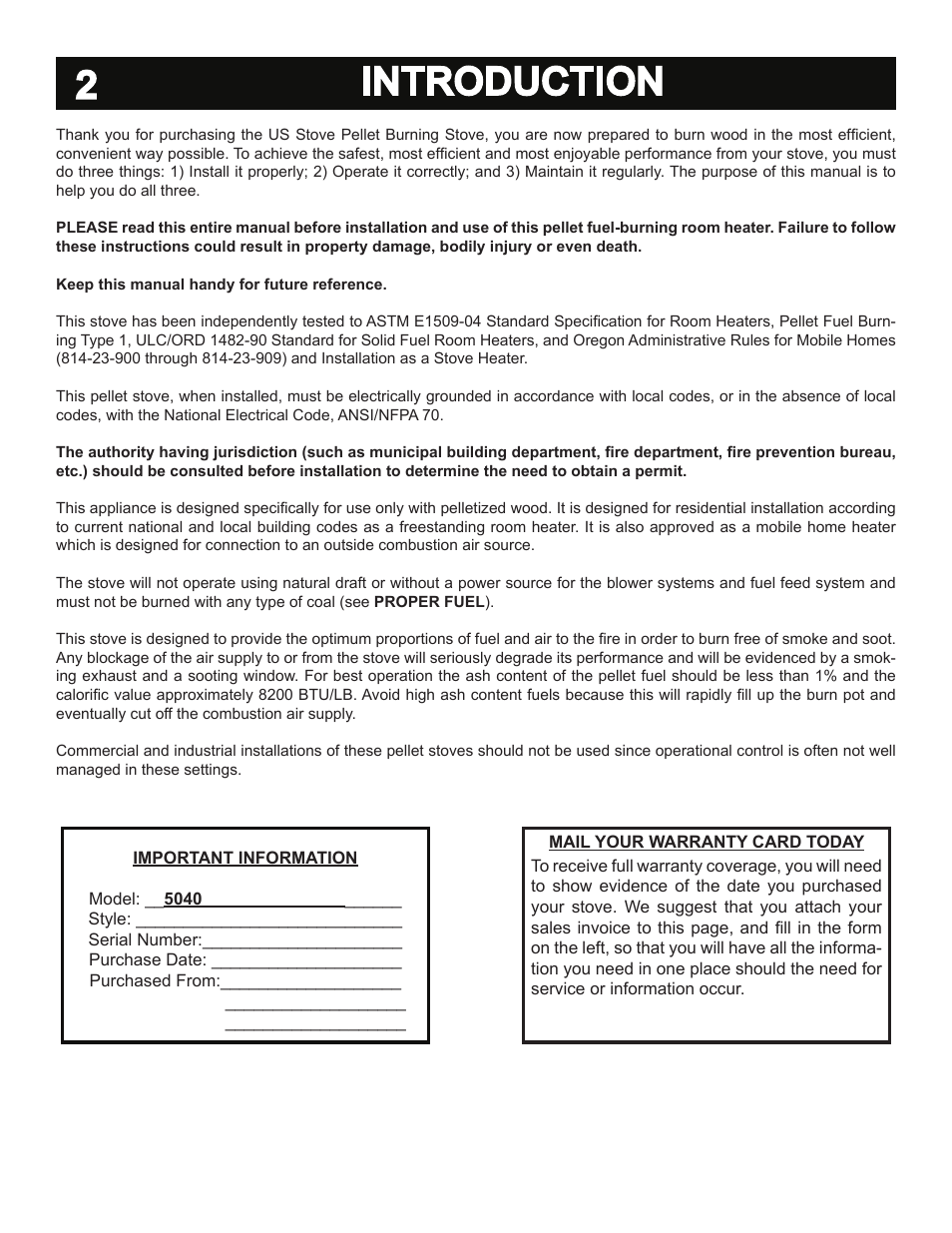 Introduction 2 | United States Stove Company 5040 User Manual | Page 2 / 28