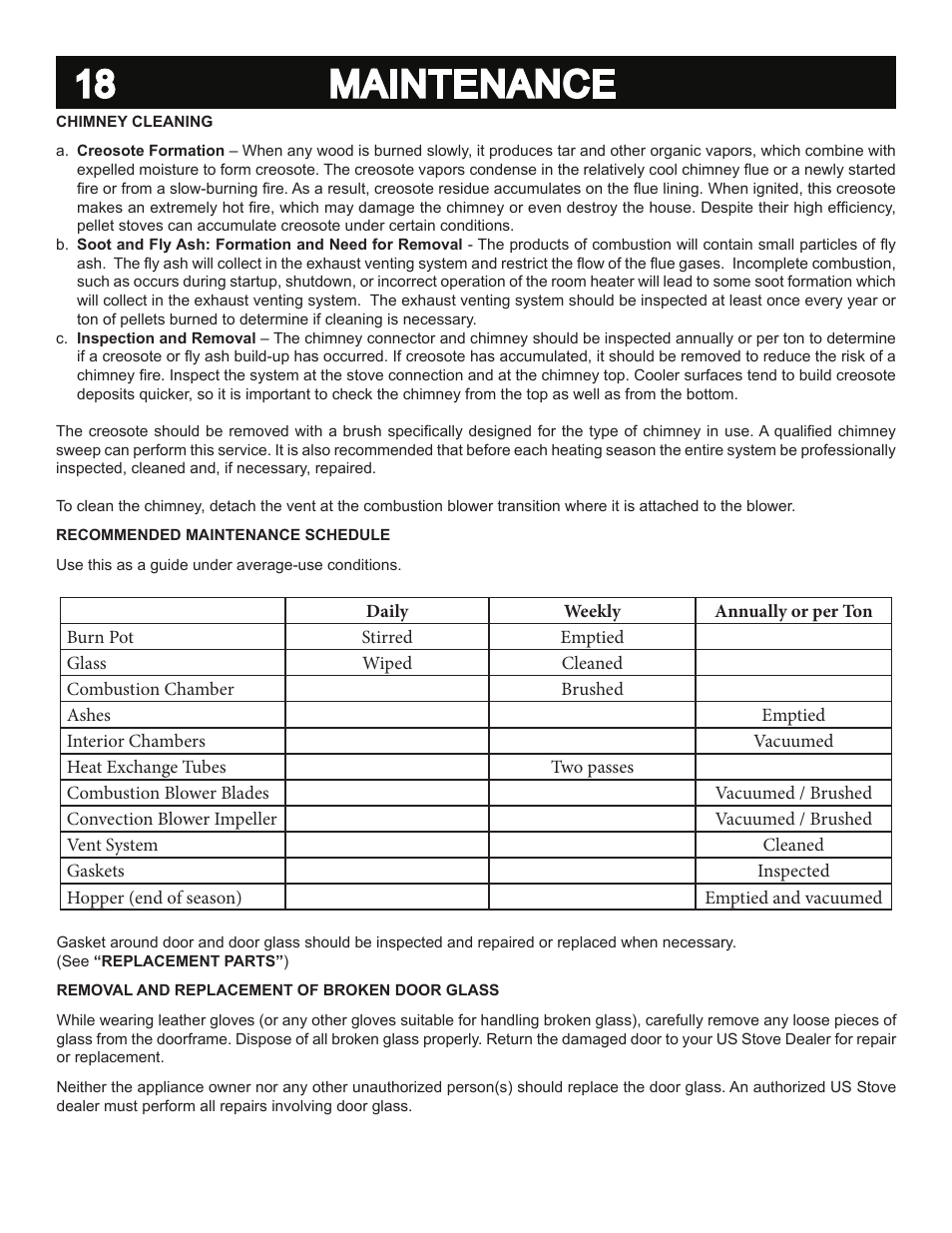 18 maintenance | United States Stove Company 5040 User Manual | Page 20 / 28
