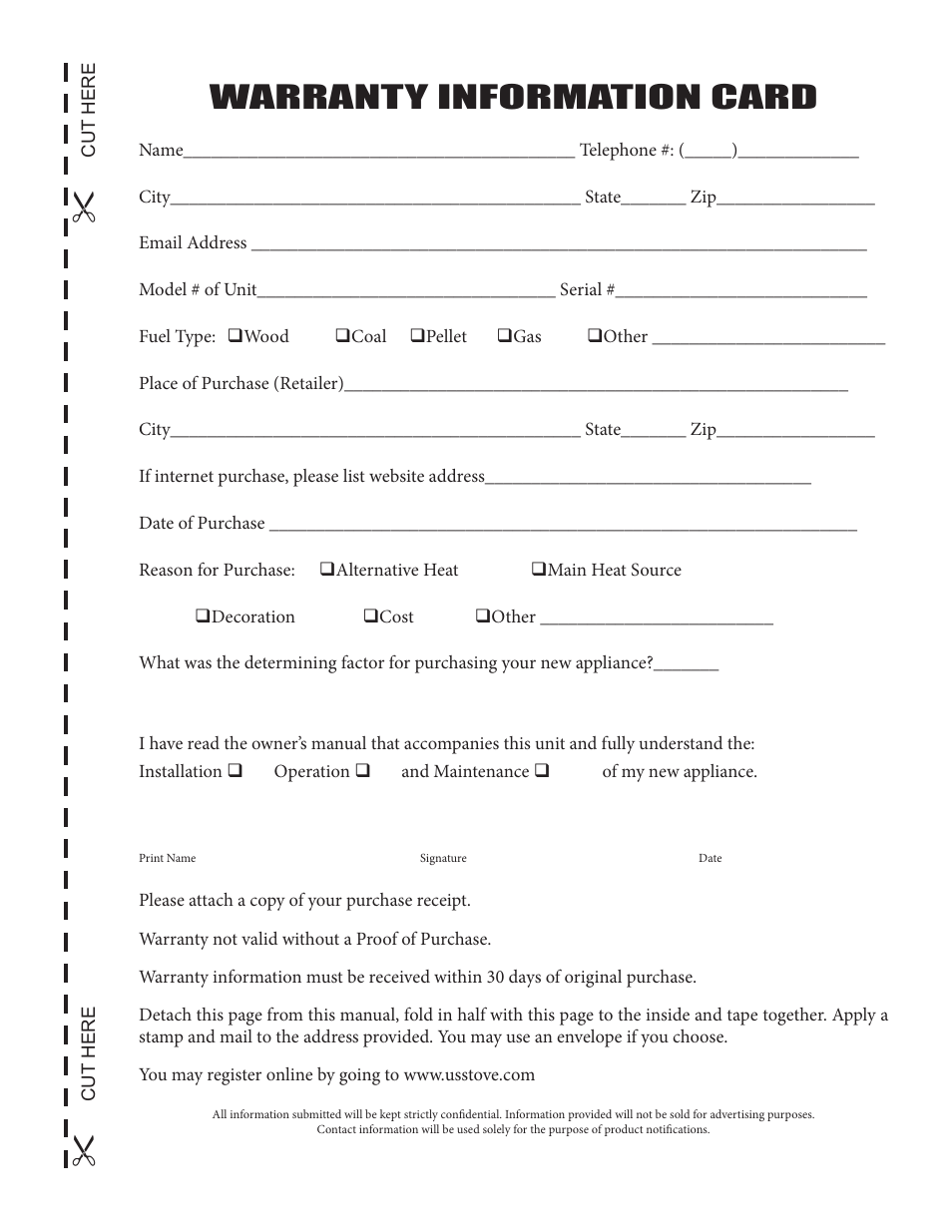 Warranty information card | United States Stove Company 5040 User Manual | Page 3 / 28