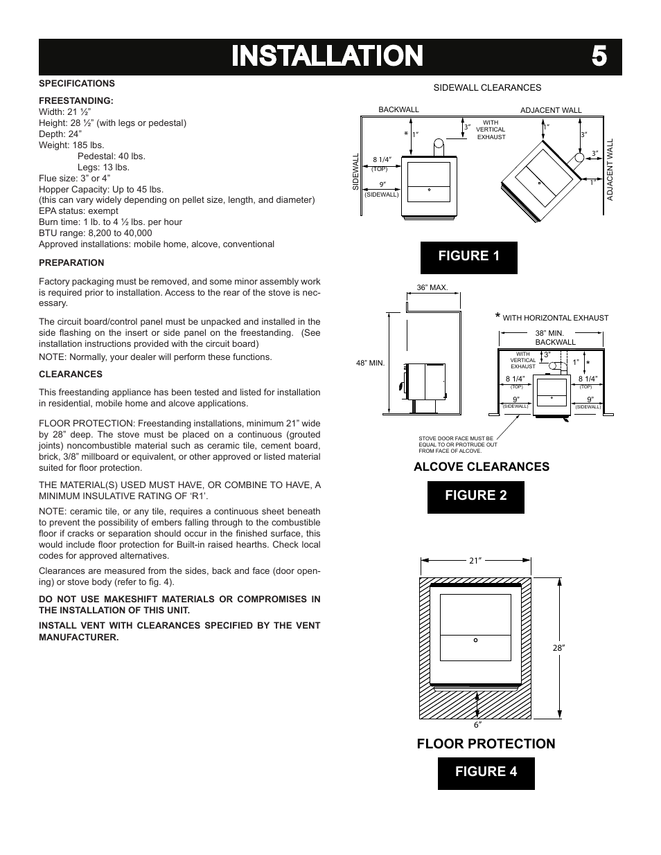 5installation, Figure 1 figure 2, Floor protection figure 4 | Alcove clearances | United States Stove Company 5040 User Manual | Page 7 / 28