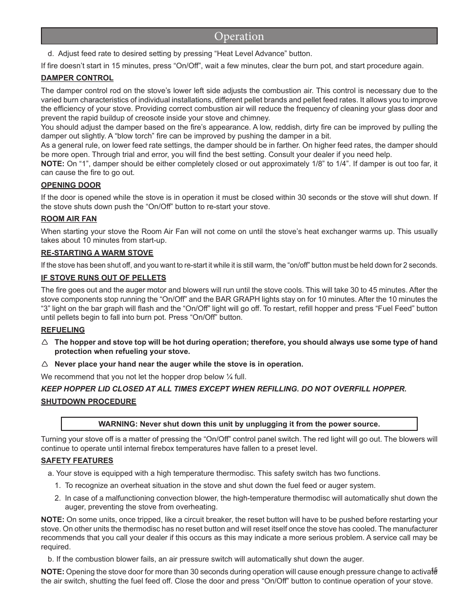 Operation | United States Stove Company 5520 User Manual | Page 15 / 28