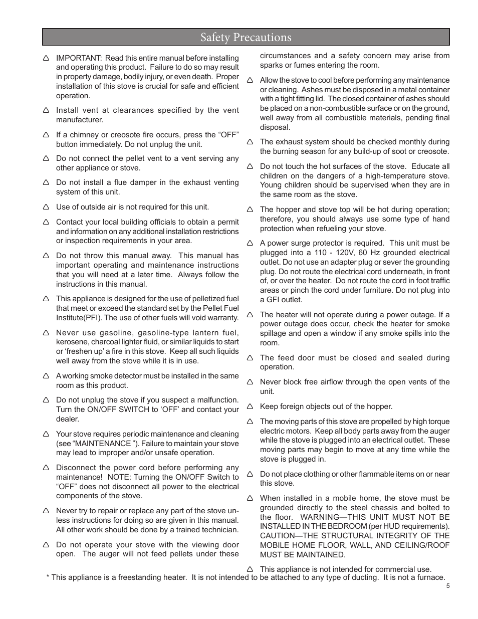 Safety precautions | United States Stove Company 5520 User Manual | Page 5 / 28