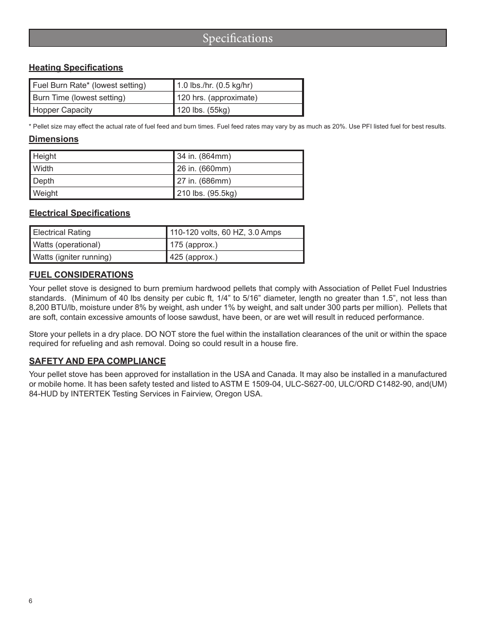 Specifi cations | United States Stove Company 5520 User Manual | Page 6 / 28