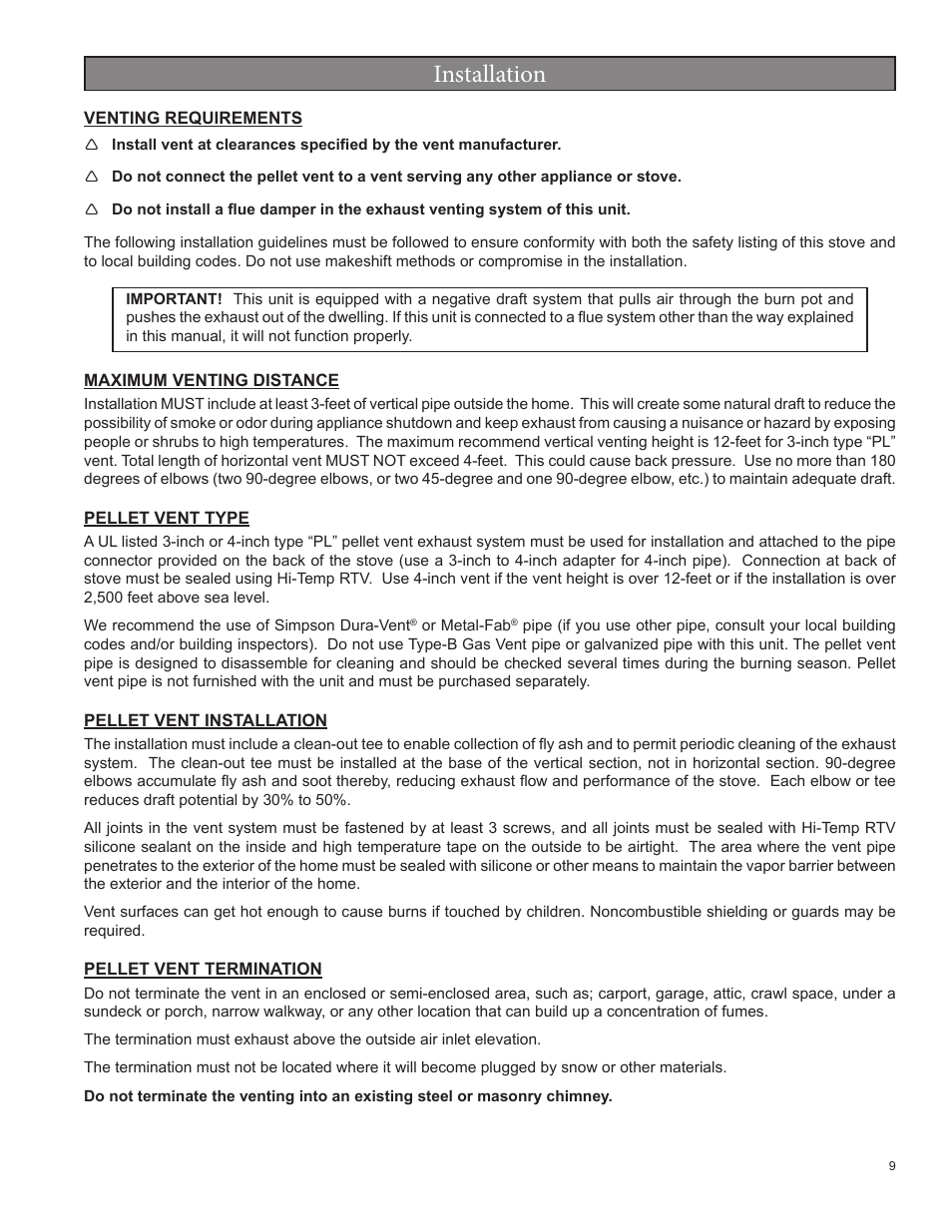 Installation | United States Stove Company 5520 User Manual | Page 9 / 28