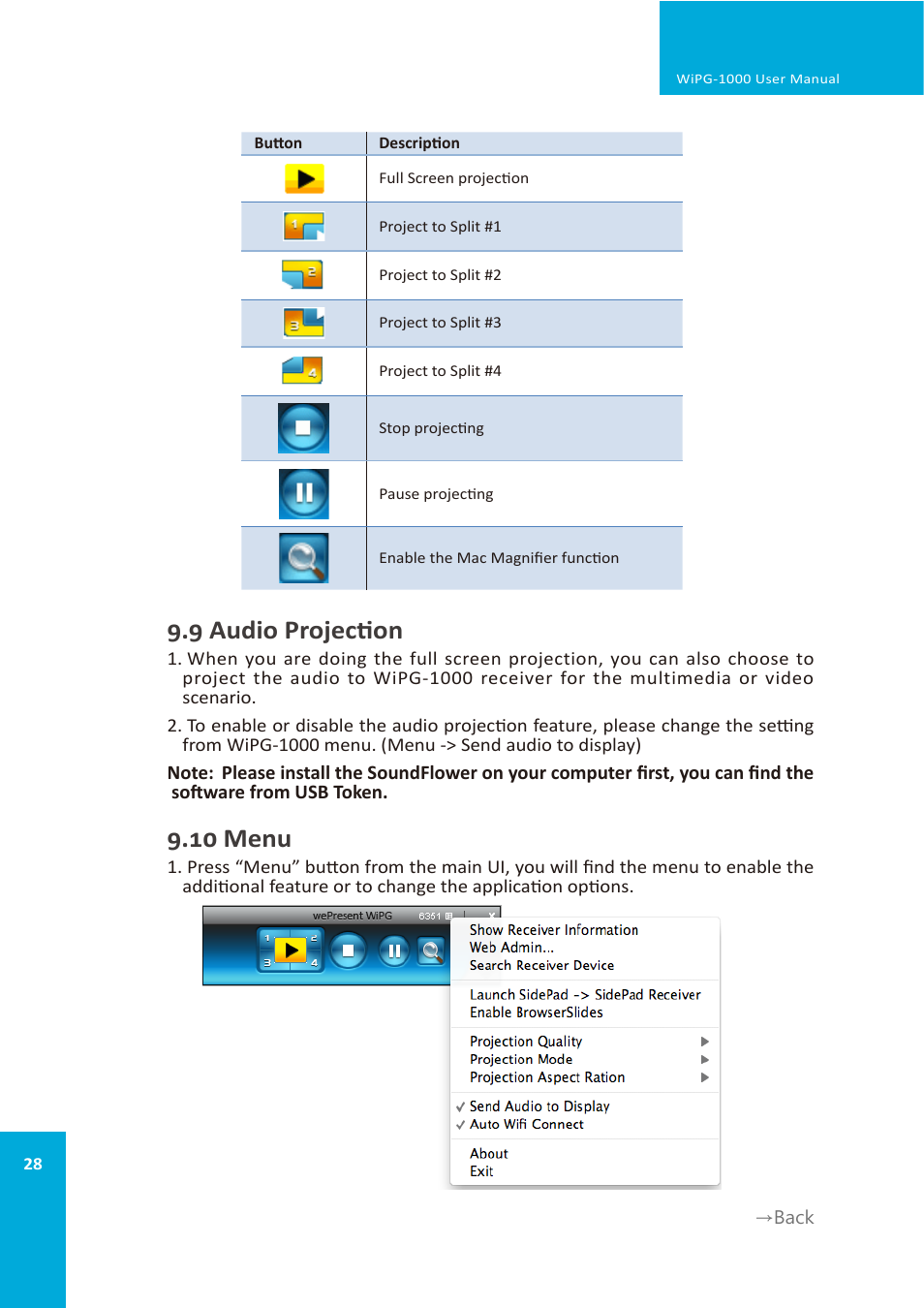 9 audio projection, 10 menu | wePresent WiPG-1000 User Manual | Page 28 / 46