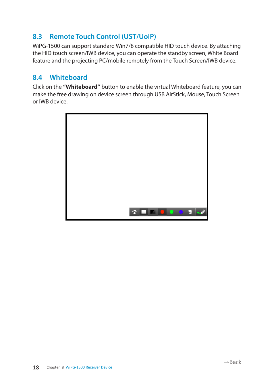3 remote touch control (ust/uoip), 4 whiteboard | wePresent WiPG-1500 User Manual | Page 18 / 59