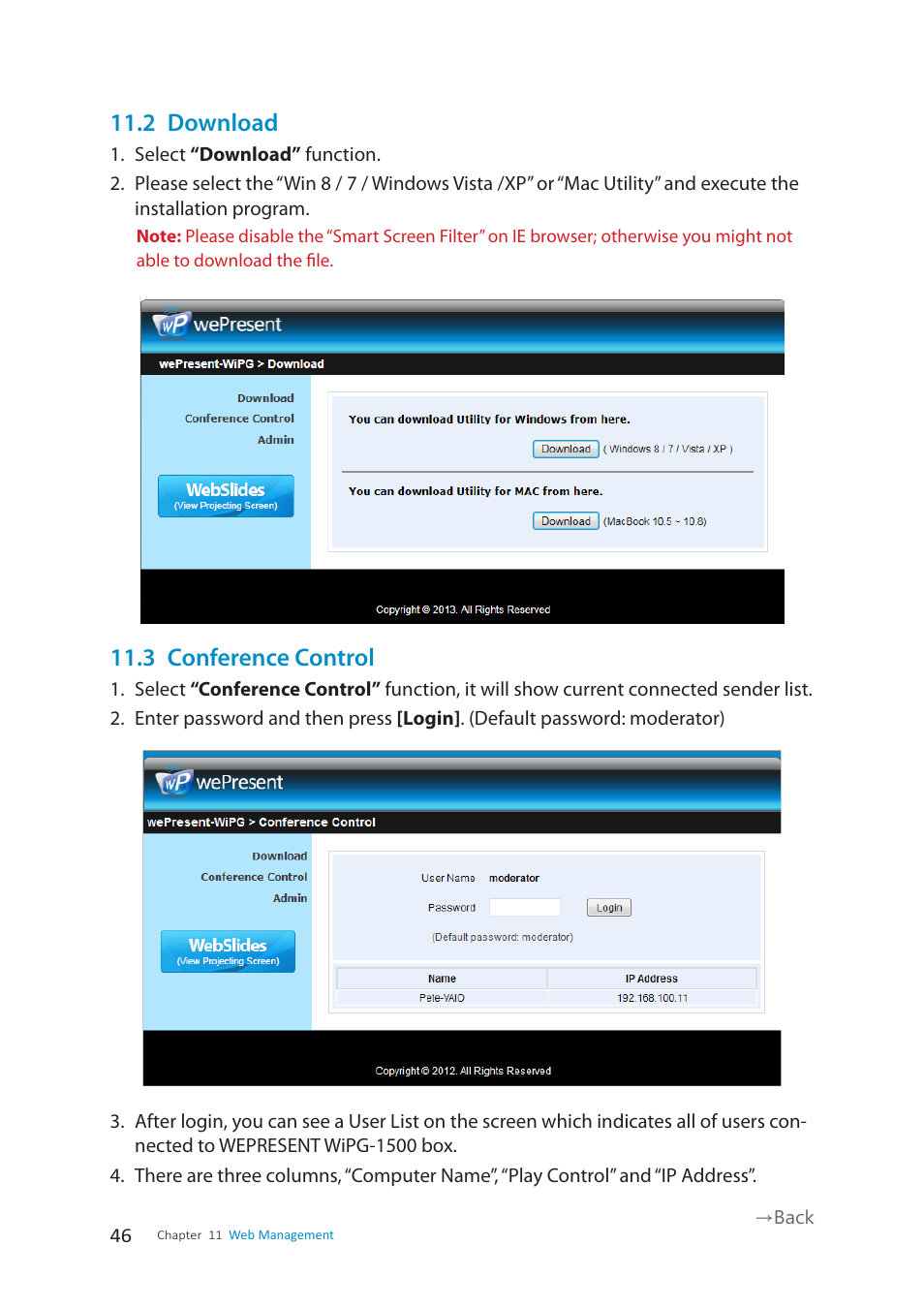 2 download, 3 conference control | wePresent WiPG-1500 User Manual | Page 46 / 59
