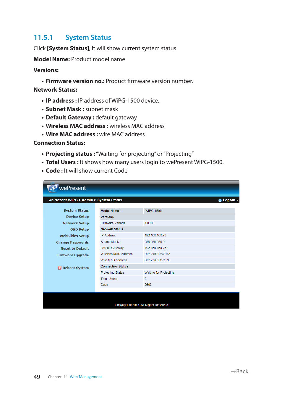 1 system status | wePresent WiPG-1500 User Manual | Page 49 / 59