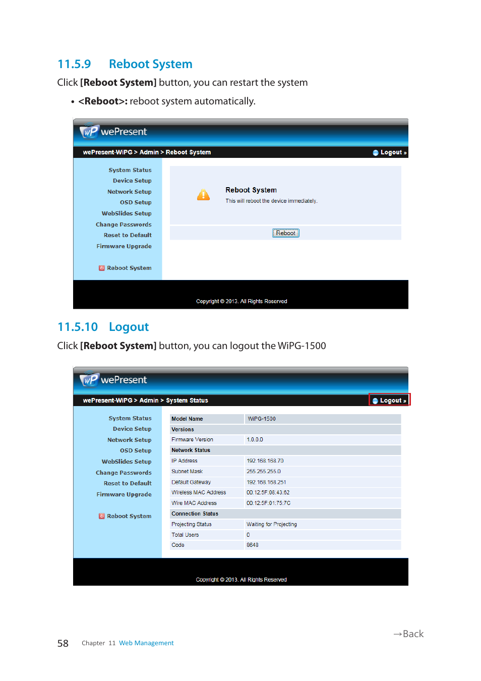 9 reboot system, 10 logout | wePresent WiPG-1500 User Manual | Page 58 / 59