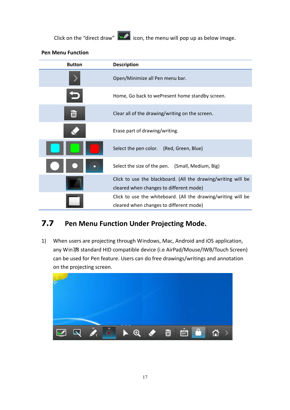 7 pen menu function under projecting mode | wePresent WiPG-2000 User Manual | Page 17 / 72