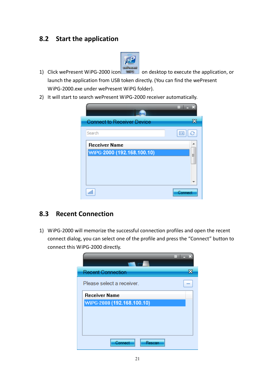 2 start the application, 3 recent connection | wePresent WiPG-2000 User Manual | Page 21 / 72