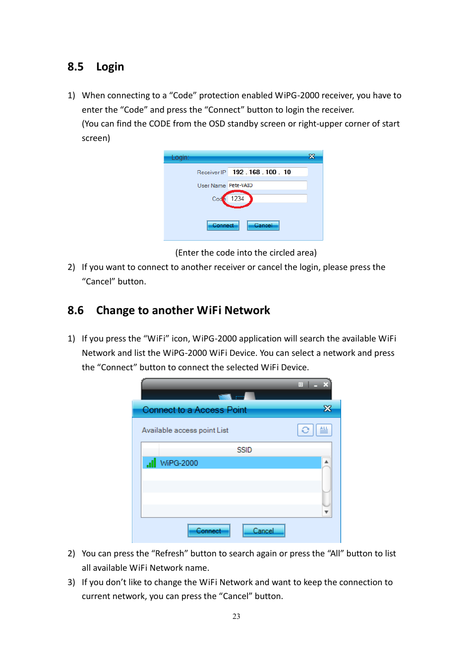 5 login, 6 change to another wifi network | wePresent WiPG-2000 User Manual | Page 23 / 72
